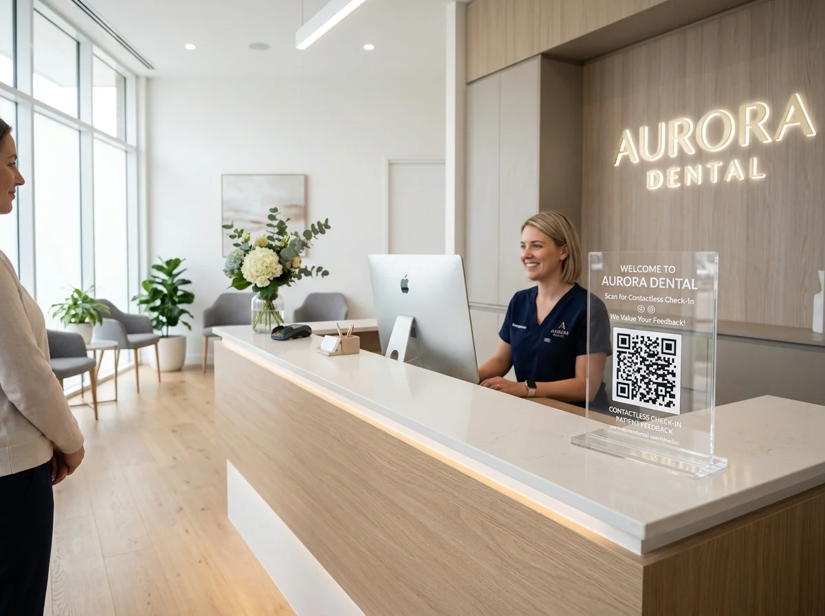 Clinic reception acrylic QR stand for touchless check-in and patient feedback