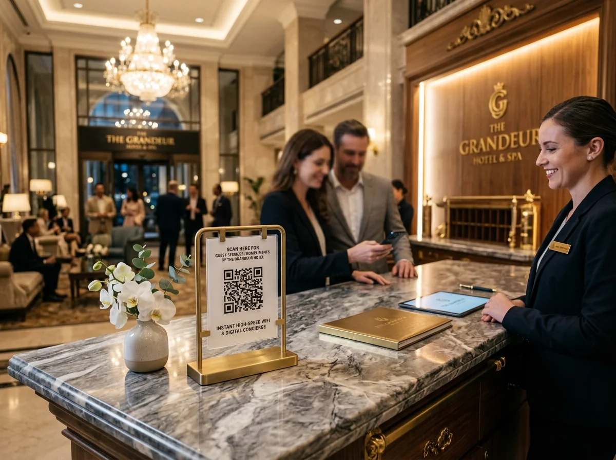 Luxury hotel reception smart QR stand for instant WiFi and concierge