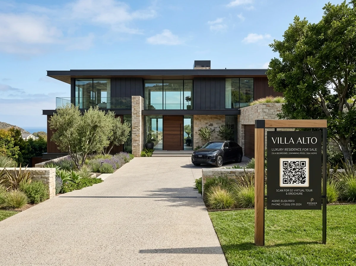 Real estate yard sign with smart QR code for 3D virtual tour