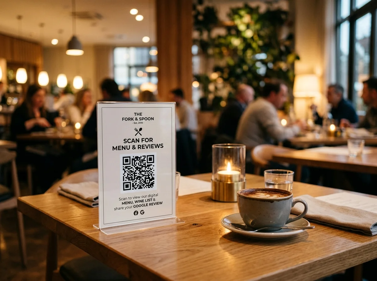 Restaurant tabletop QR stand for digital menu and 5-star Google review