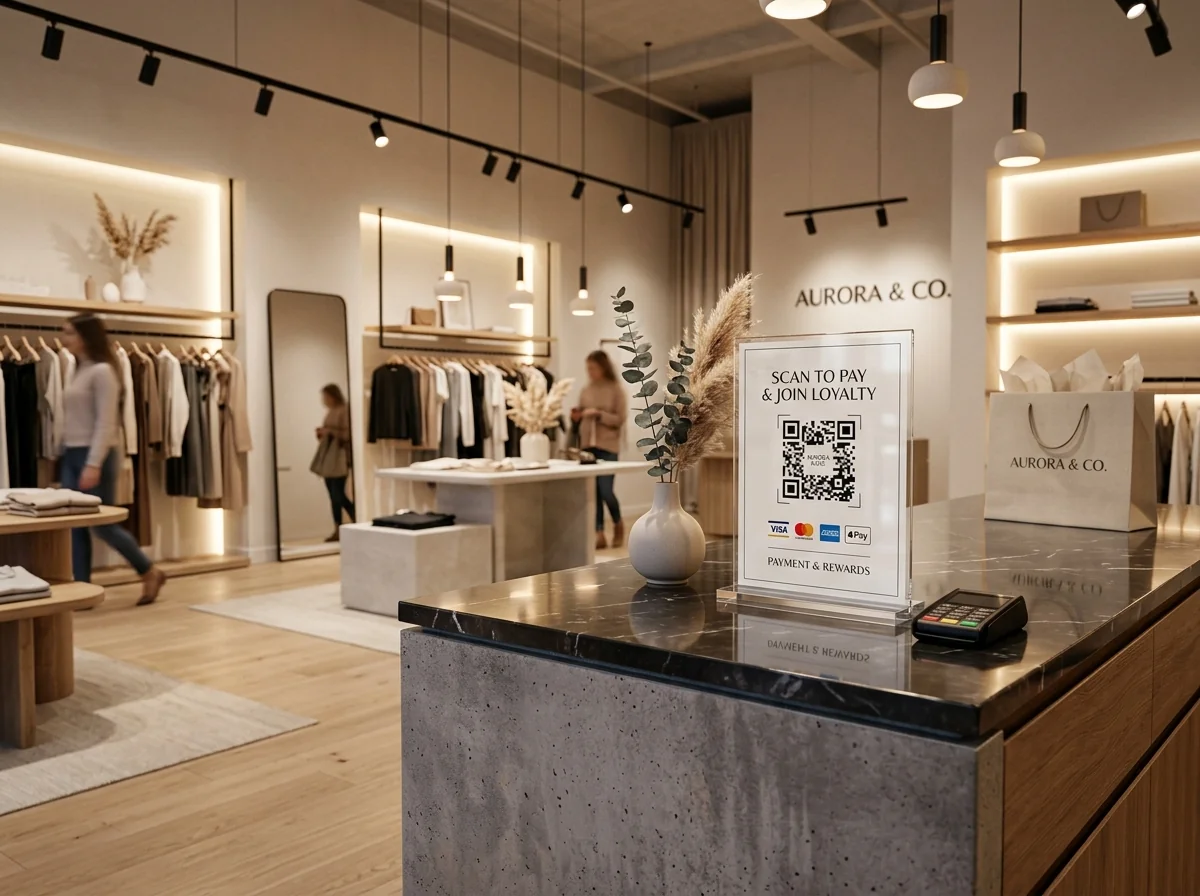 Boutique checkout counter smart QR stand for loyalty and catalogues