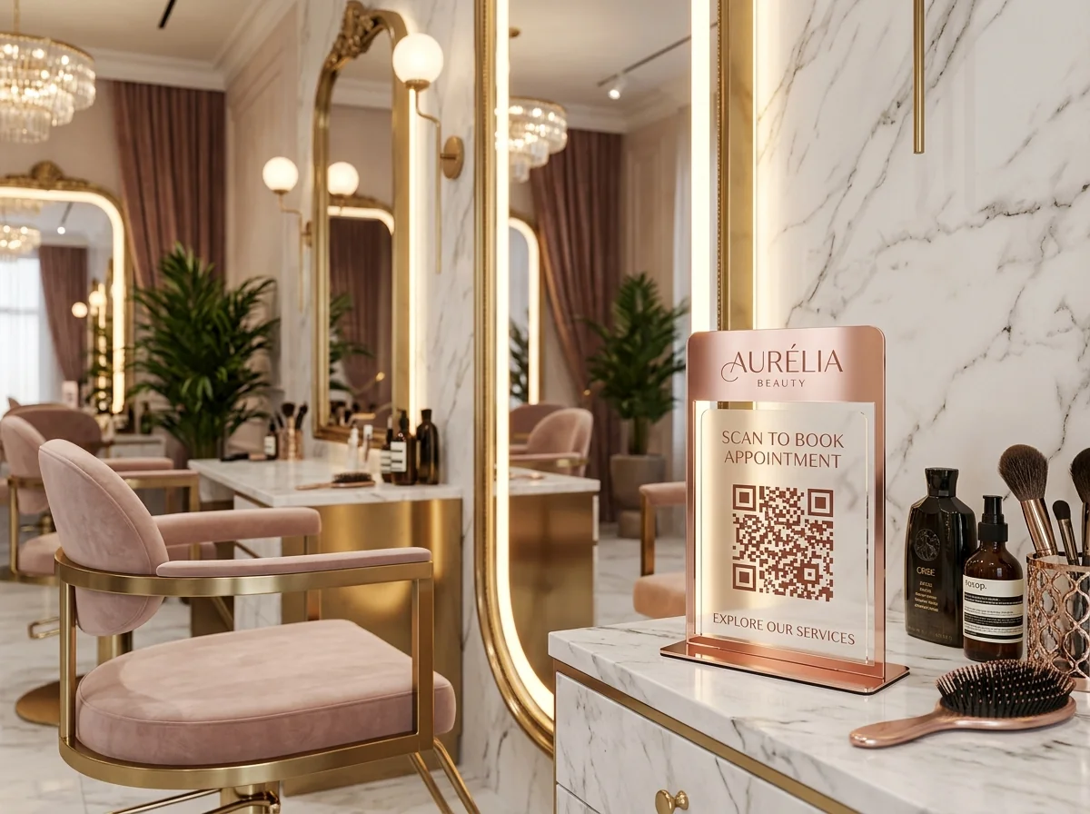 Rose gold acrylic QR stand at salon styling station for rebooking